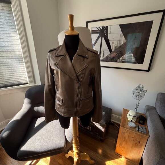 Banana Republic Metallic Leather Moto Jacket, MEDAL BRONZE Medium - Picture 3 of 15
